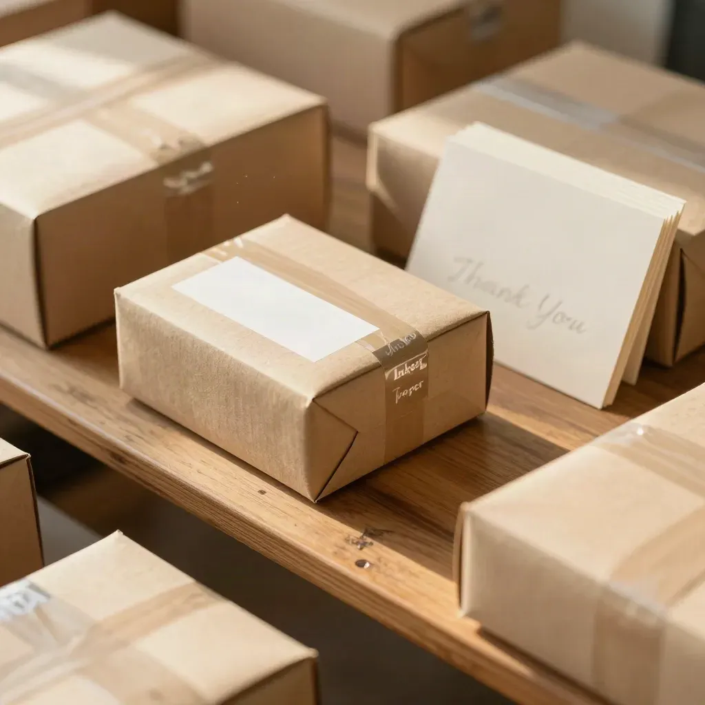 Kraft mailers, tissue parcels, sticker seals and thank-you cards mid-pack on a narrow work table.