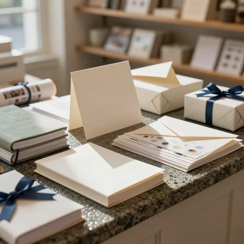 Stationery shop display with cards, notebooks, envelopes, prints, stickers and gift boxes.