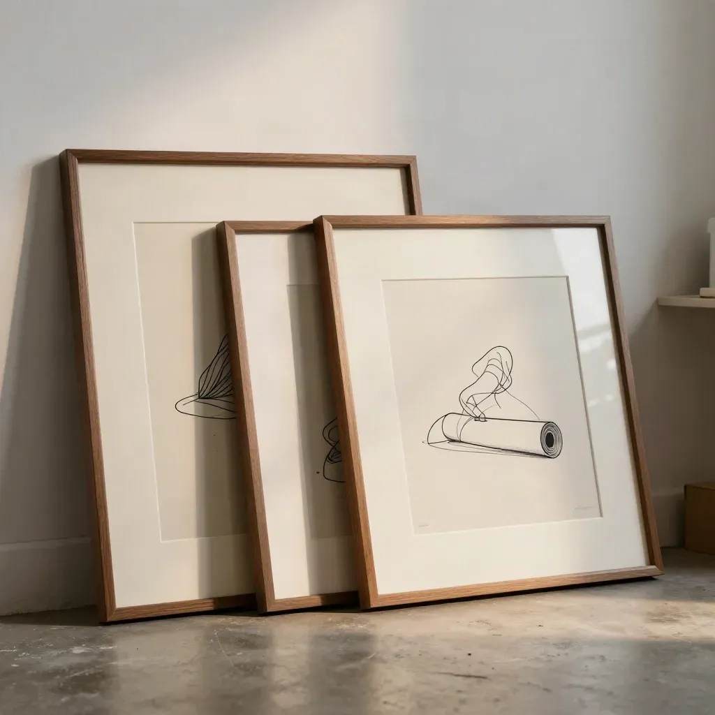 Three framed line-art prints lean on a wall with a rolled proof in front.