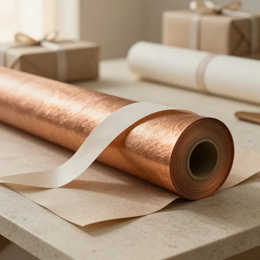 Copper wrapping paper mid-wrap around a book box with slack ribbon on pale stone.