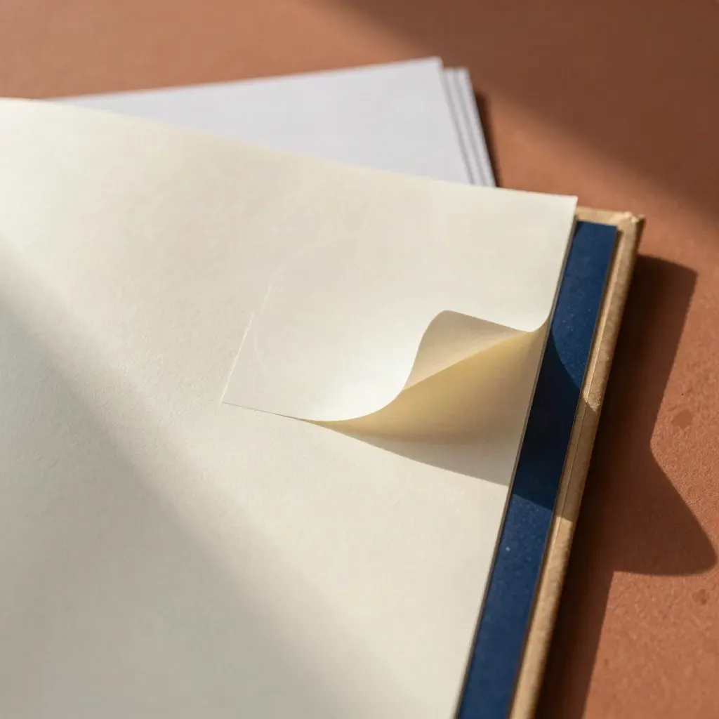 Sticker sheets and a sealed parcel corner with one lifted adhesive curl.