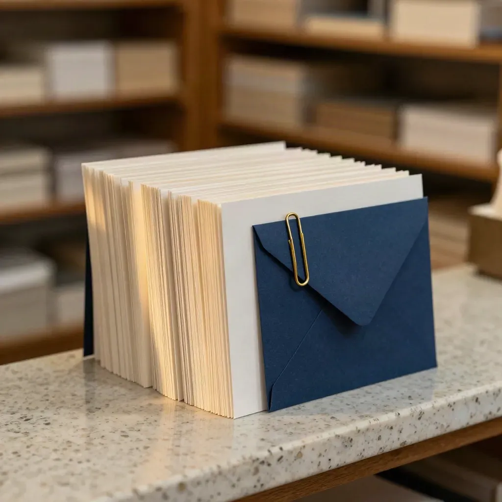 Folded desk cards bundled with brass paperclip and indigo envelope sleeve on travertine ledge.