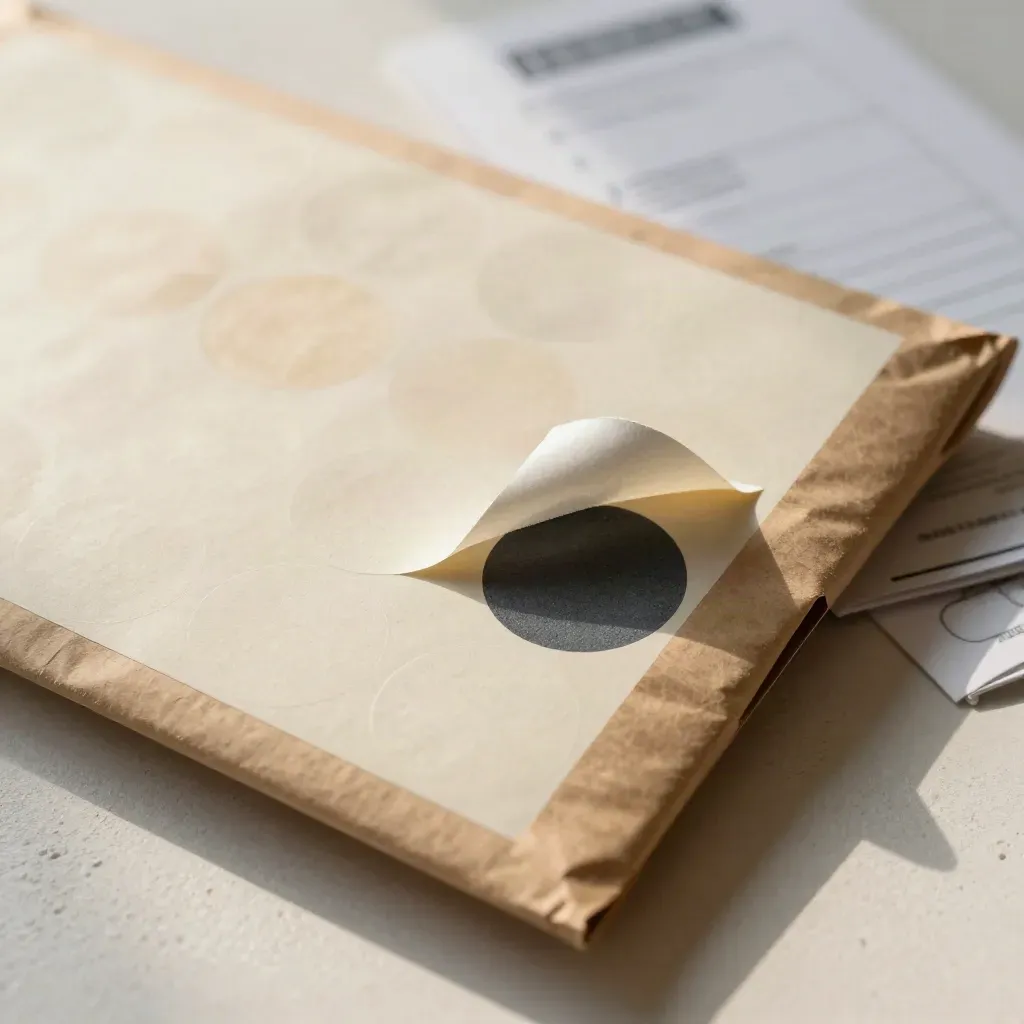 Round sticker seals on kraft parcel, one peeled away leaving a blank gap.