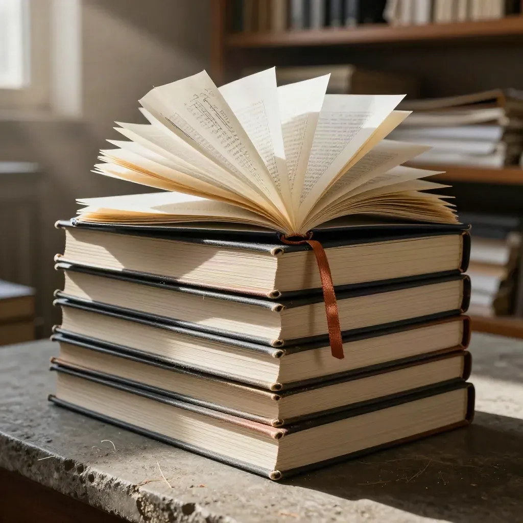 Hero stack of embossed script notebooks with a copper ribbon on a stone plinth.