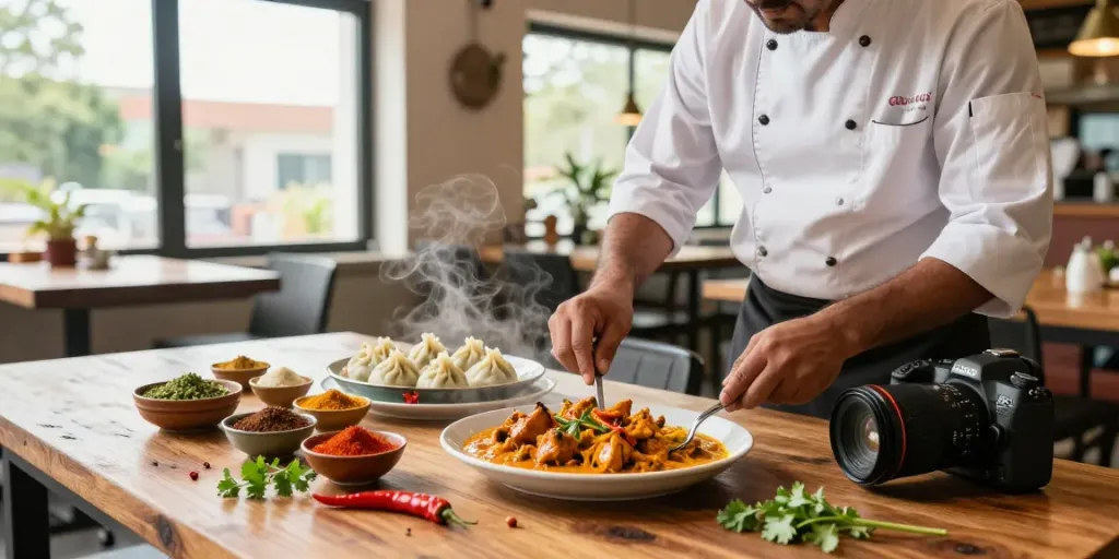 rokok88 login view of chef plating chicken curry and momo dumplings